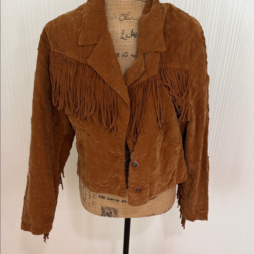 Vintage 90s  Action Wear Brown Faux Suede Fringe Jacket Made in USA